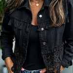 Viviane ruffled lace jacket in black with button front and ornate lace side panels
