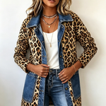 Leopard-print long denim jacket with dark-blue button placket and sleeve cuffs