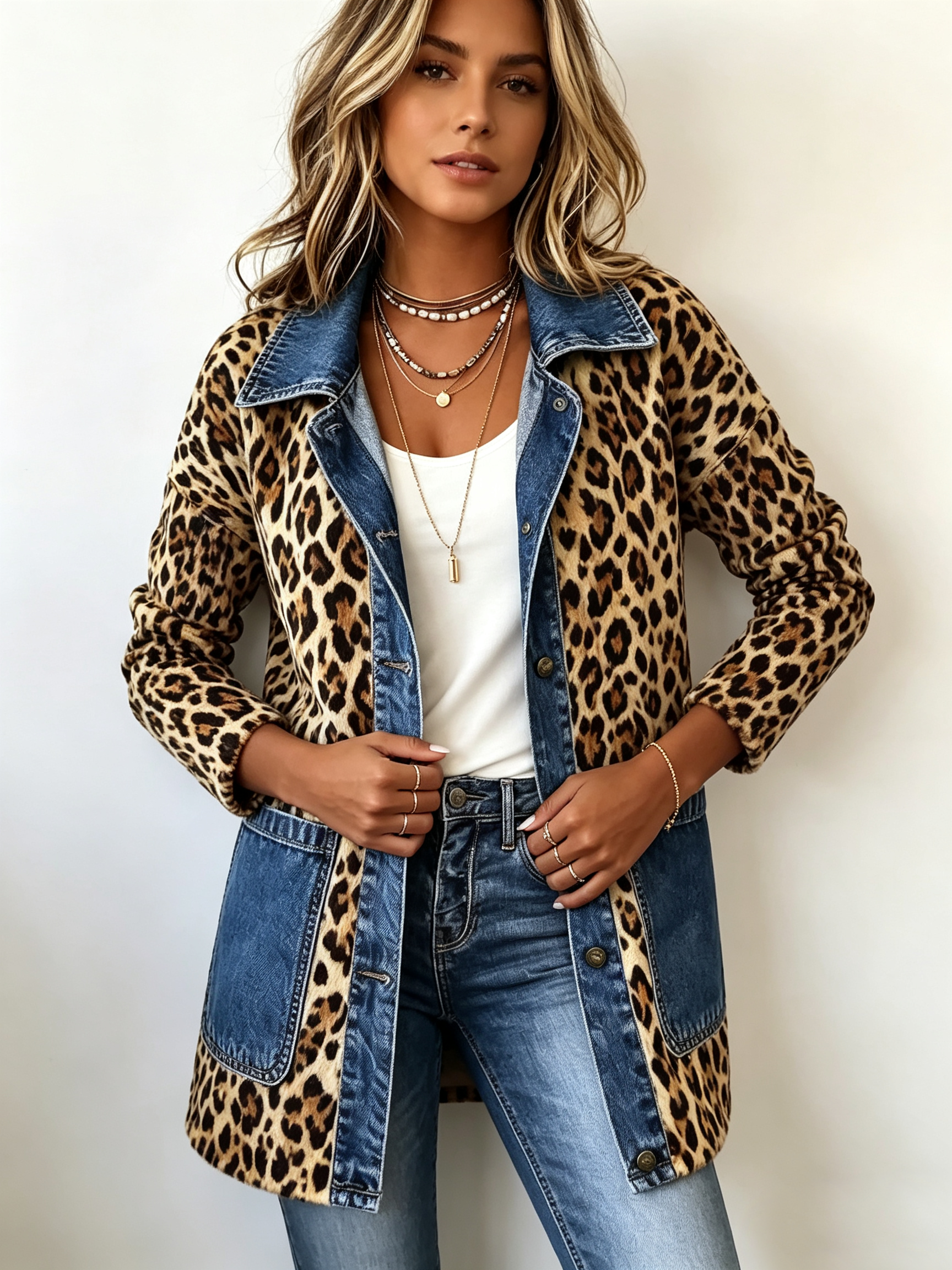 Leopard-print long denim jacket with dark-blue button placket and sleeve cuffs