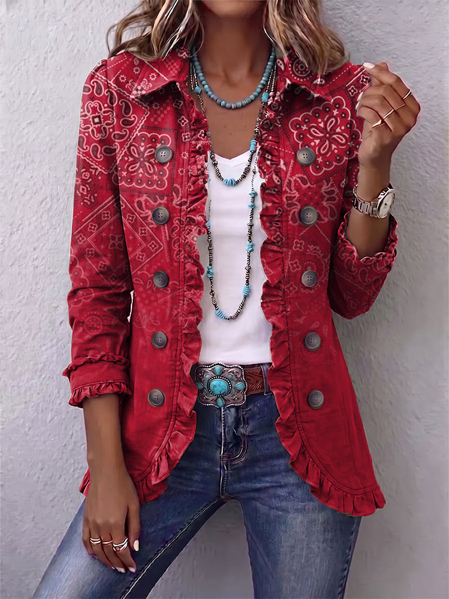 Red paisley-print ruffle-trim jacket with button front and 3/4 sleeves