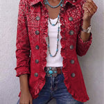 Red paisley-print ruffle-trim jacket with button front and 3/4 sleeves