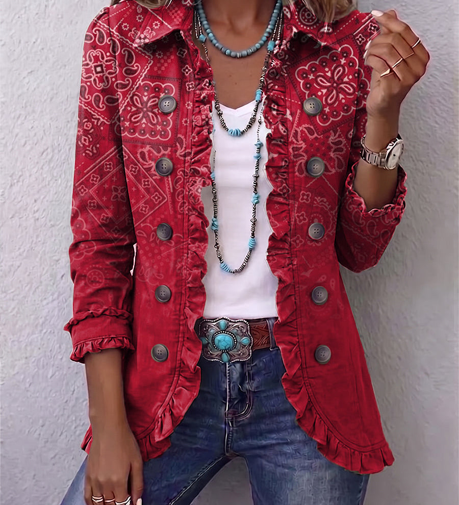 Red paisley-print ruffle-trim jacket with button front and 3/4 sleeves