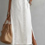 Jimena white midi dress with lace trim, sleeveless cut, and side slit detail