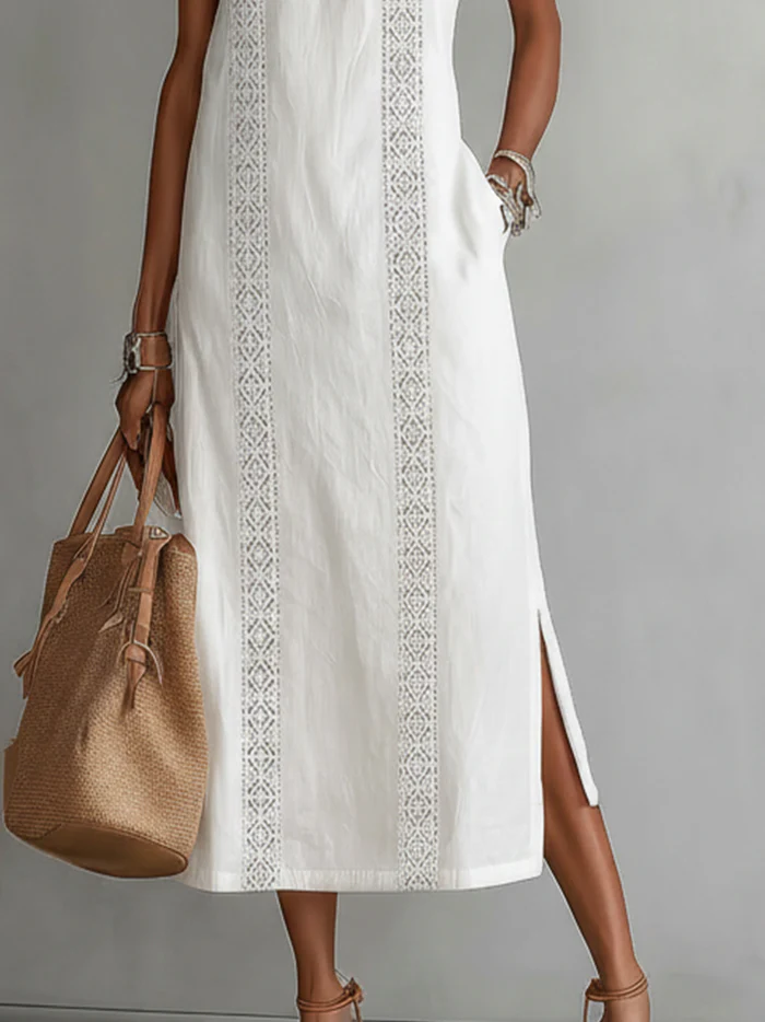 Jimena white midi dress with lace trim, sleeveless cut, and side slit detail