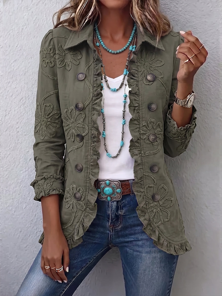 Olive utility jacket with floral embroidery, button front, and ruffled hem