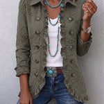 Olive utility jacket with floral embroidery, button front, and ruffled hem