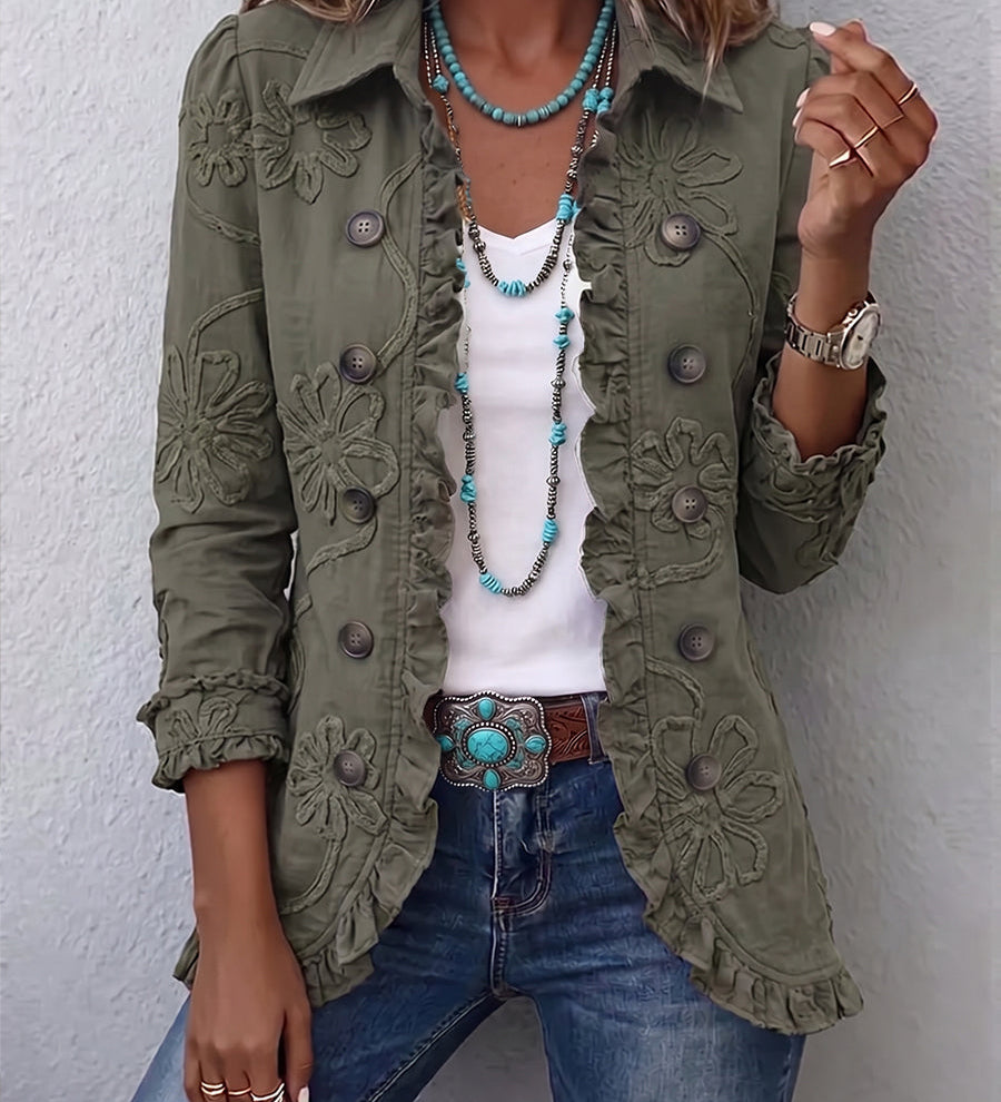 Olive utility jacket with floral embroidery, button front, and ruffled hem
