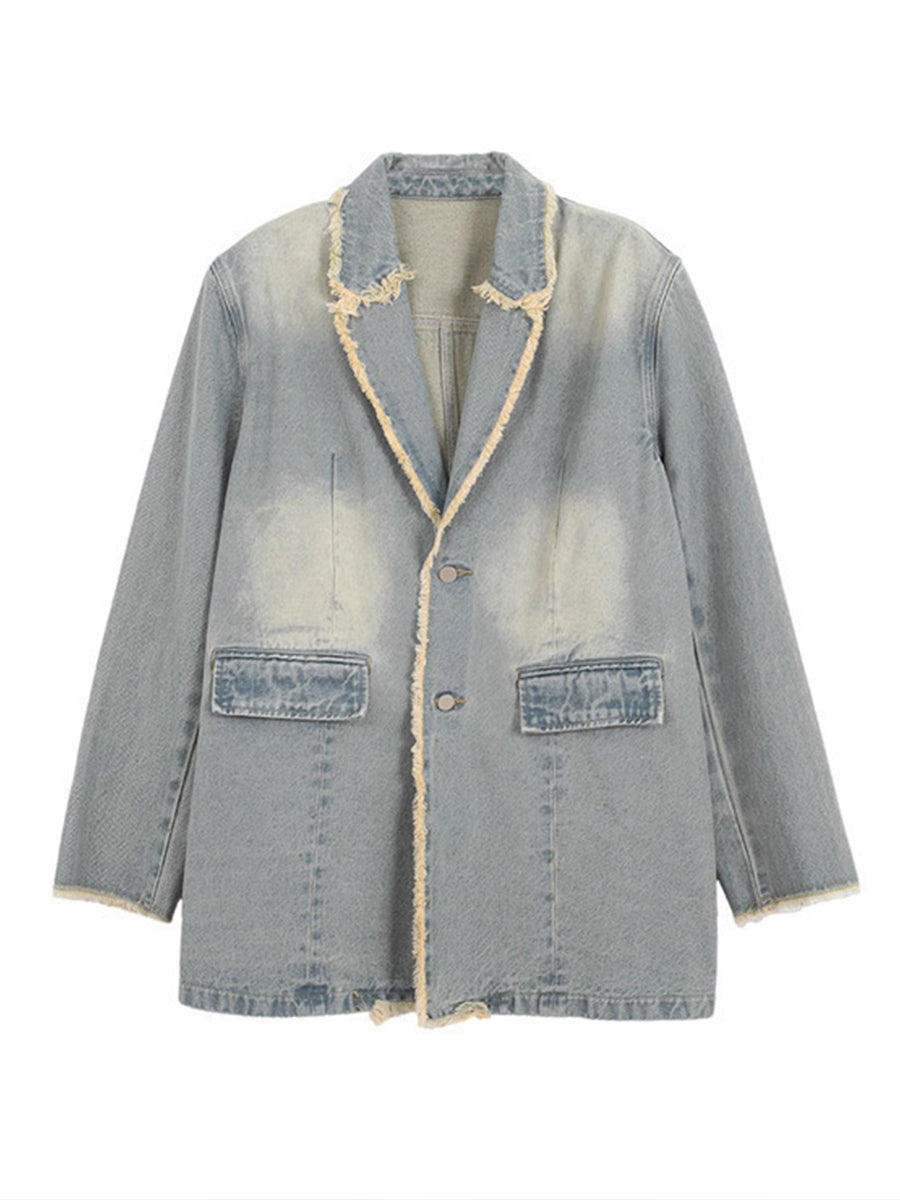 Light-wash denim blazer front view with button closure, frayed trim, chest patch pockets