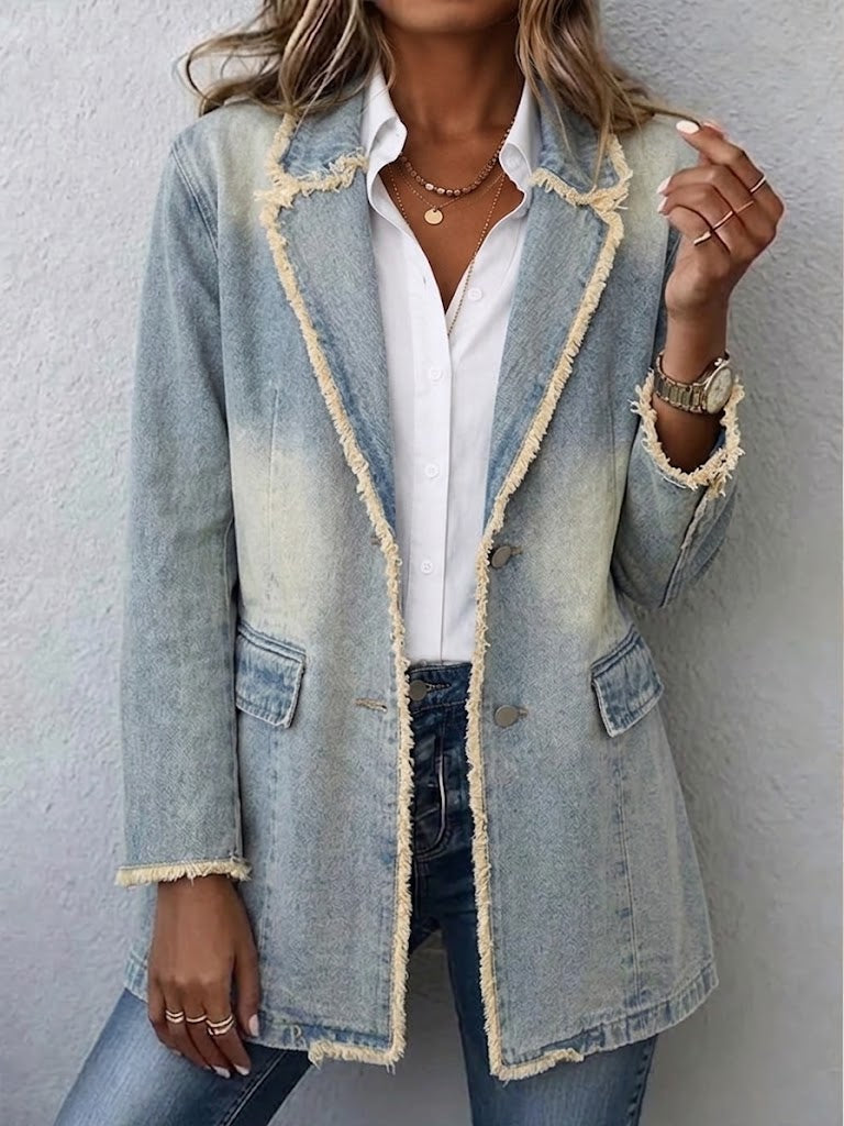 Light-wash denim oversized blazer with raw frayed trim and chest patch pockets