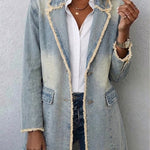 Light-wash denim oversized blazer with raw frayed trim and chest patch pockets