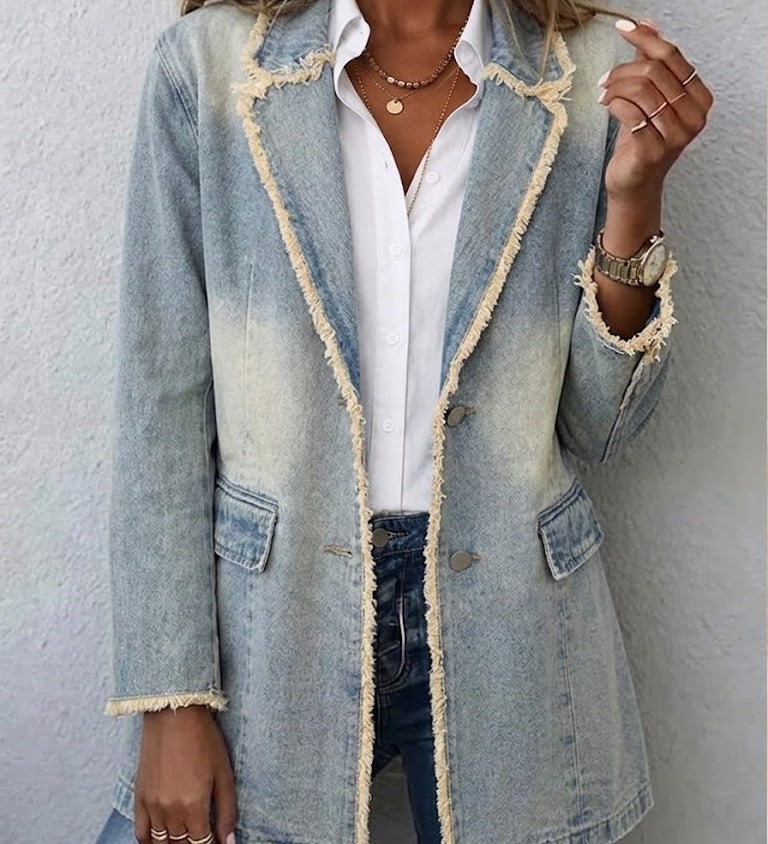 Light-wash denim oversized blazer with raw frayed trim and chest patch pockets