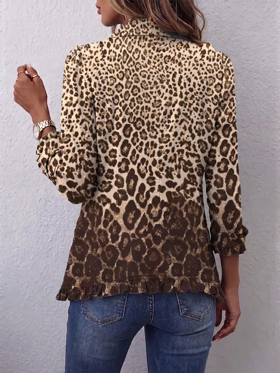 Leopard print blazer with full back coverage, button cuffs, curved hem
