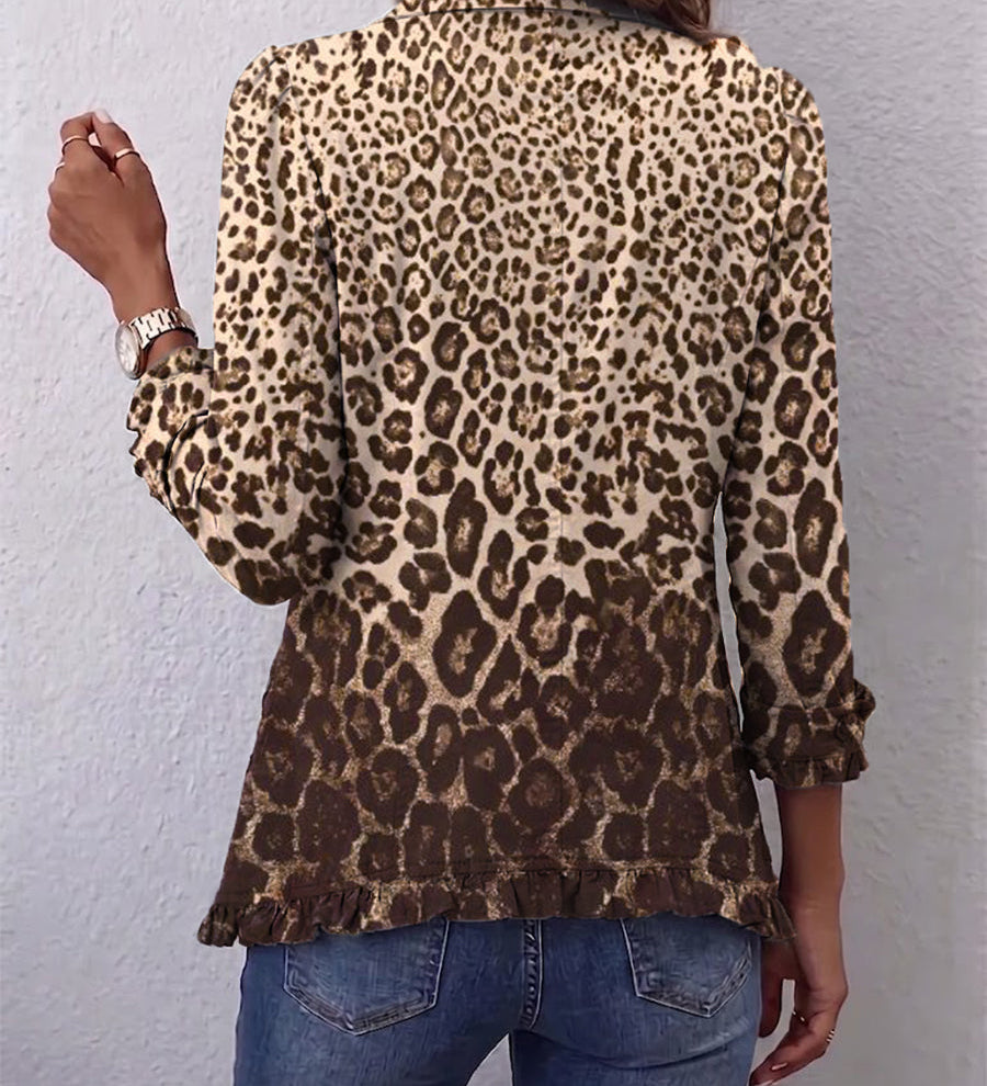 Leopard print blazer with full back coverage, button cuffs, curved hem