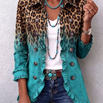 Ombre leopard-print ruffle blazer with teal panels and button front, short ruffle cuffs