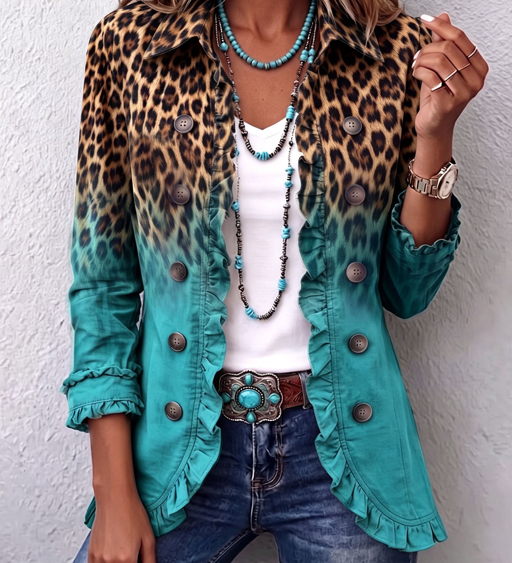 Ombre leopard-print ruffle blazer with teal panels and button front, short ruffle cuffs