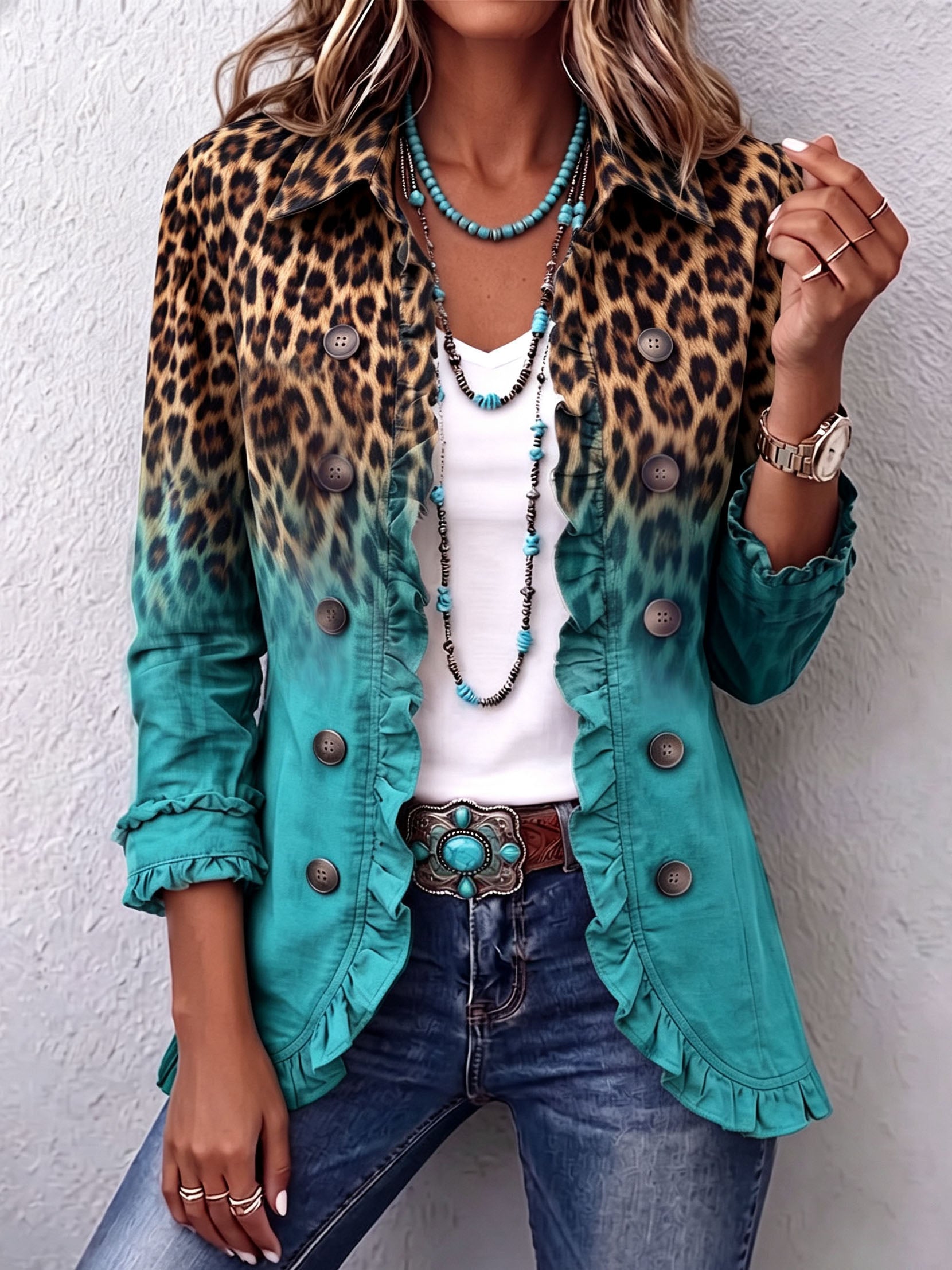 Ombre leopard-print ruffle blazer with teal panels and button front, short ruffle cuffs