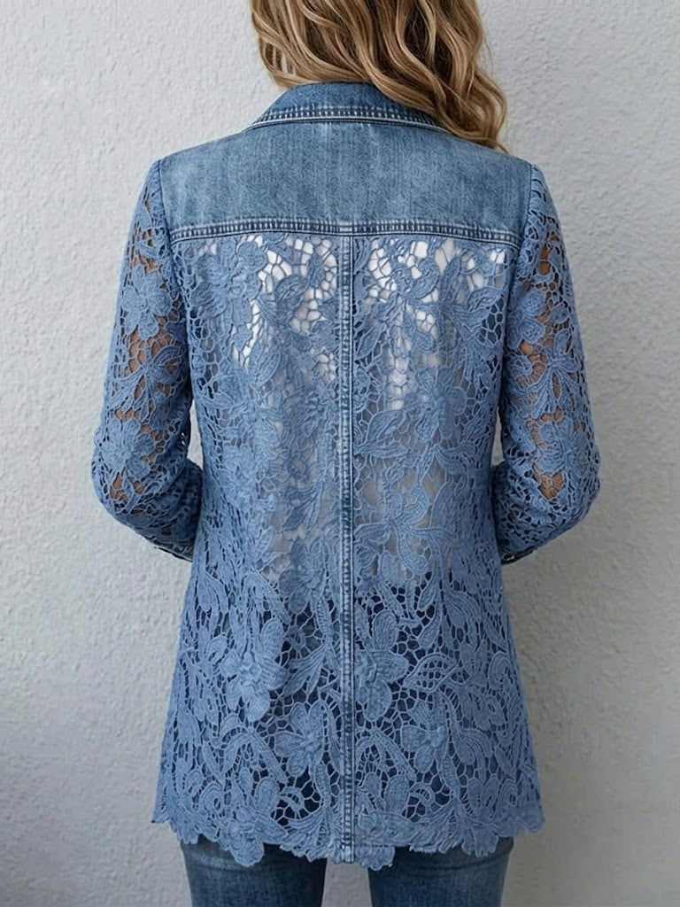 Back view denim blazer with lace floral panel and vertical seams