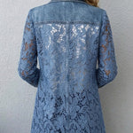 Back view denim blazer with lace floral panel and vertical seams