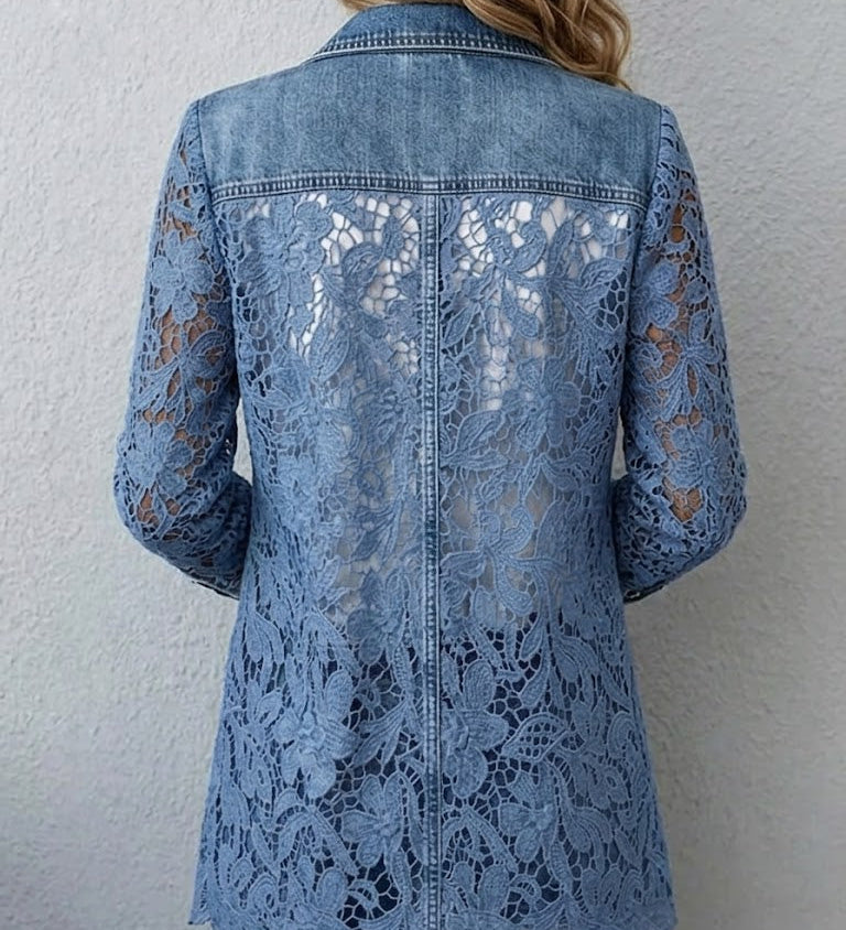 Back view denim blazer with lace floral panel and vertical seams