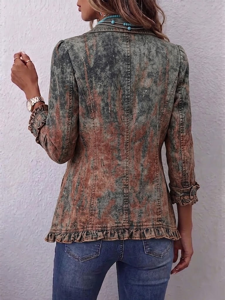 Vintage wash denim jacket, back view with textured rust gradient, ruffled hem