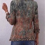 Vintage wash denim jacket, back view with textured rust gradient, ruffled hem