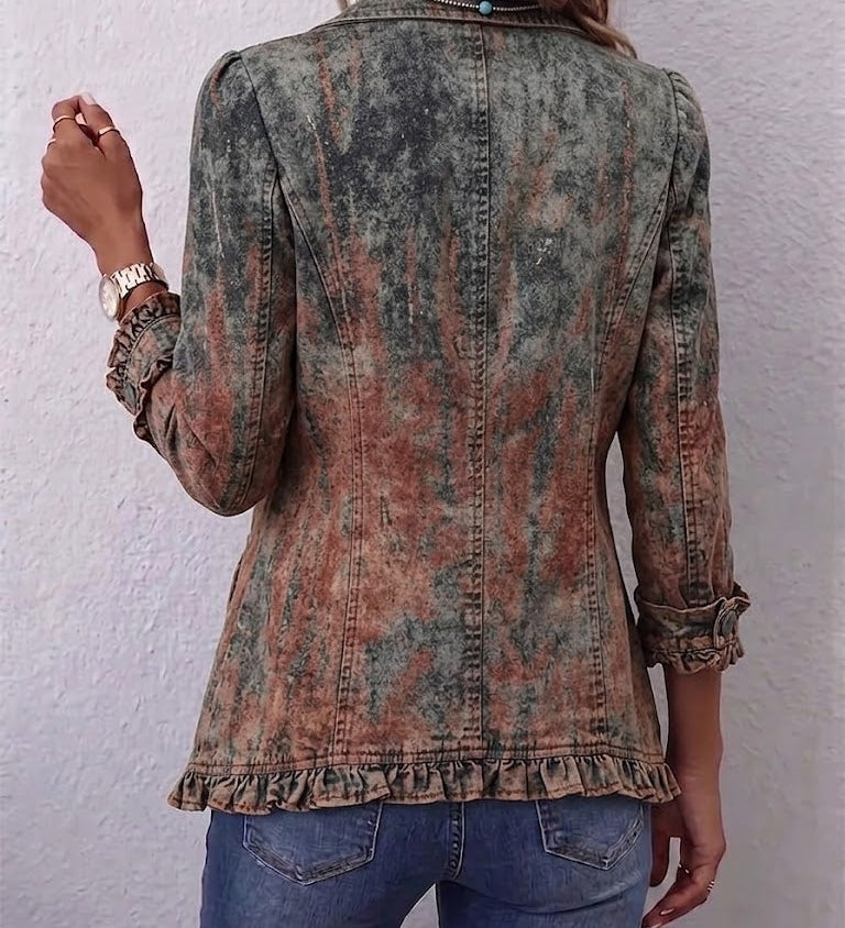 Vintage wash denim jacket, back view with textured rust gradient, ruffled hem