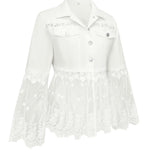 White lace-paneled jacket with button chest, embroidered yoke, and flared sheer sleeves