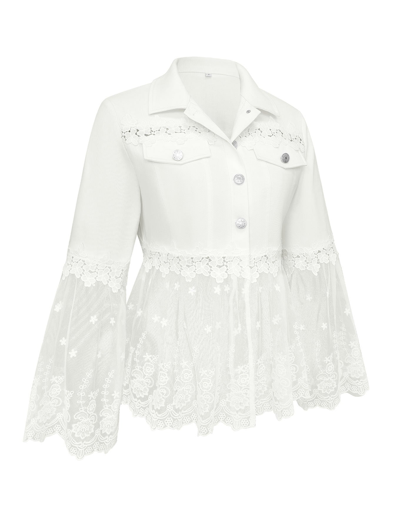 White lace-paneled jacket with button chest, embroidered yoke, and flared sheer sleeves