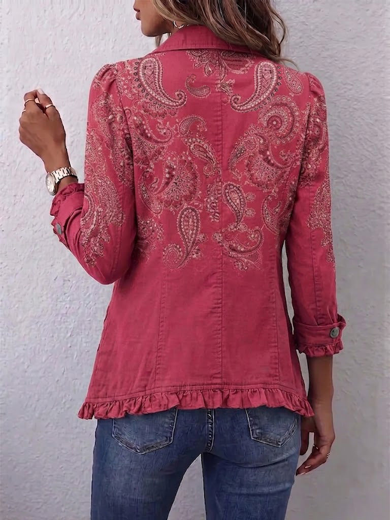 Pleated pink paisley print jacket back, gathered hem and button cuffs