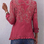 Pleated pink paisley print jacket back, gathered hem and button cuffs