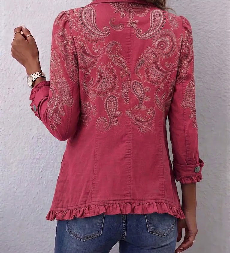 Pleated pink paisley print jacket back, gathered hem and button cuffs