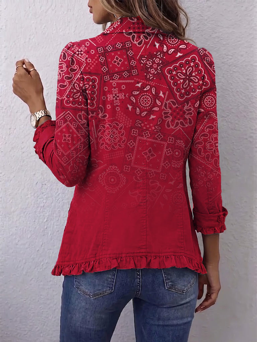 Red boho paisley-print ruffle-hem jacket with button front and 3/4 sleeves