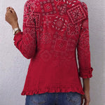 Red boho paisley-print ruffle-hem jacket with button front and 3/4 sleeves