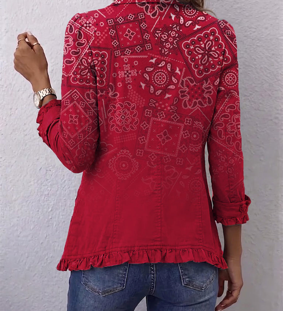Red boho paisley-print ruffle-hem jacket with button front and 3/4 sleeves