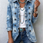 Blue denim ruffle-front button jacket with distressed vintage wash, 3/4 sleeves