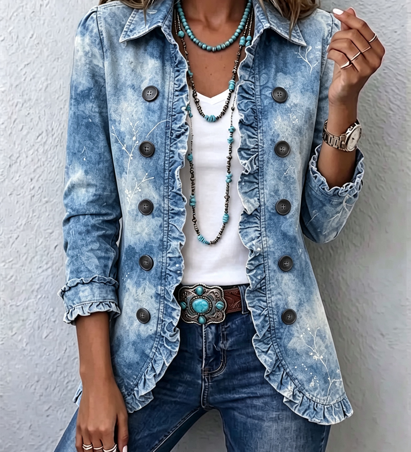 Blue denim ruffle-front button jacket with distressed vintage wash, 3/4 sleeves