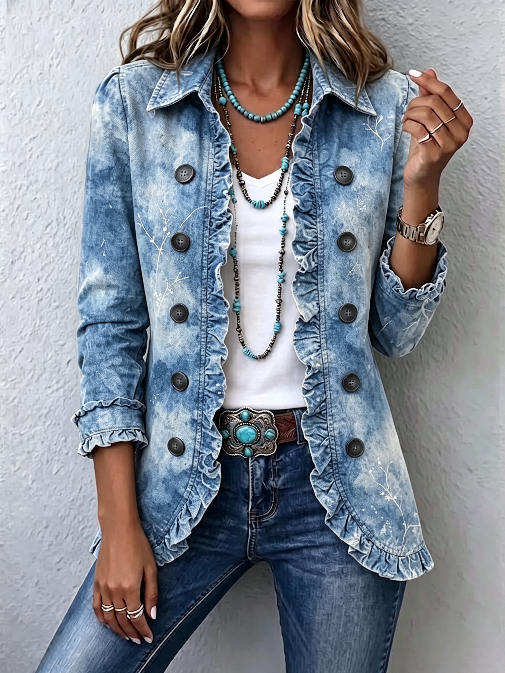 Blue denim ruffle-front button jacket with distressed vintage wash, 3/4 sleeves