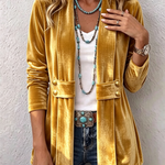 Velvet open-front long-sleeve jacket, gold with gold snap buttons and flap pockets.