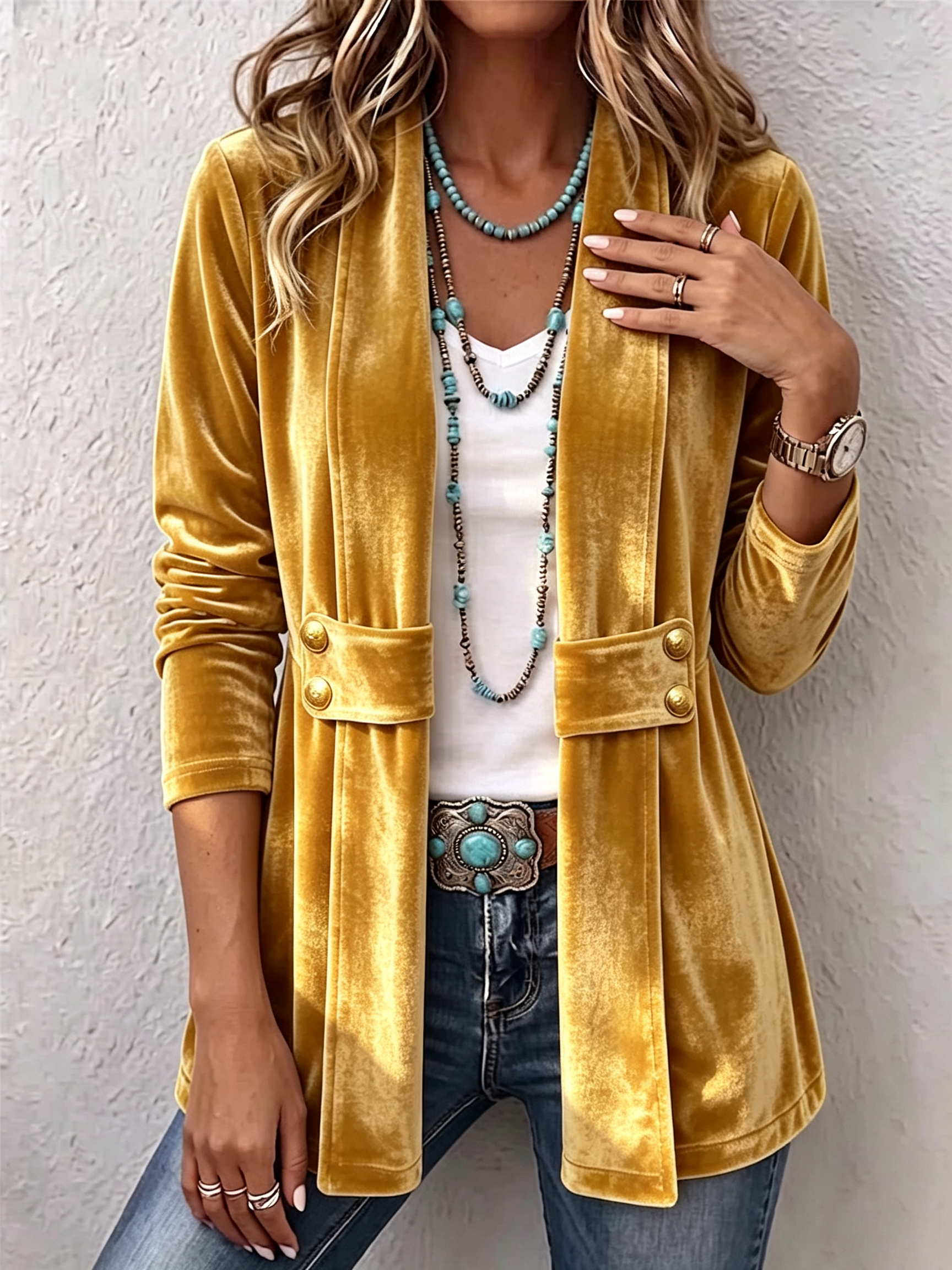 Velvet open-front long-sleeve jacket, gold with gold snap buttons and flap pockets.