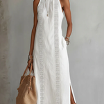 Jimena sleeveless white midi dress with vertical lace panels and side split