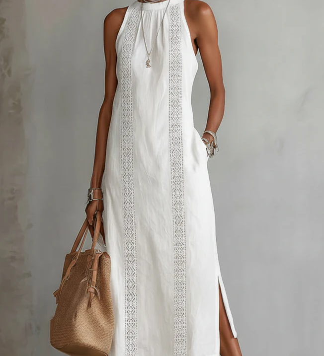 Jimena sleeveless white midi dress with vertical lace panels and side split
