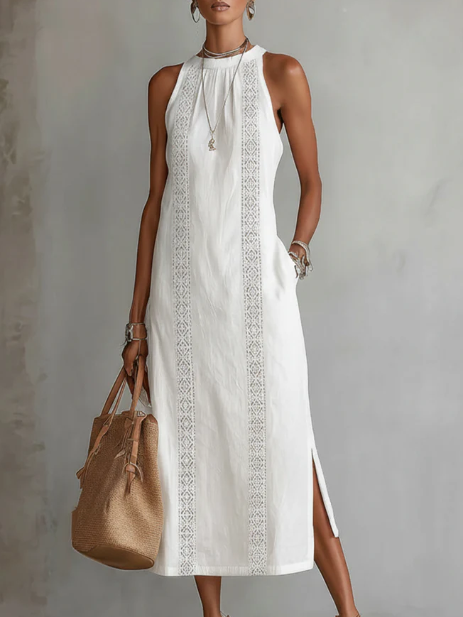 Jimena sleeveless white midi dress with vertical lace panels and side split