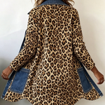 Back view of leopard-print long denim jacket with two patch pockets
