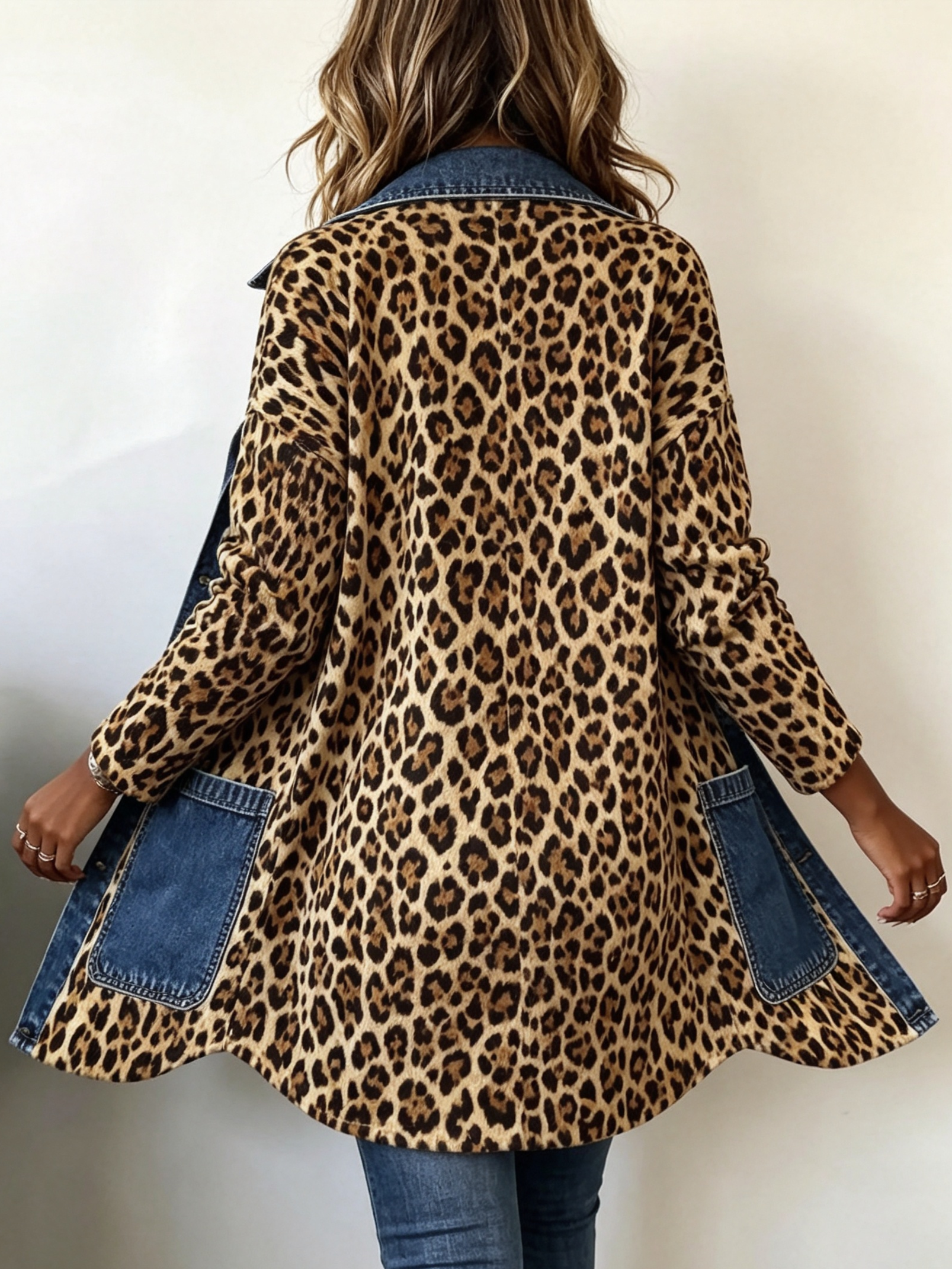 Back view of leopard-print long denim jacket with two patch pockets