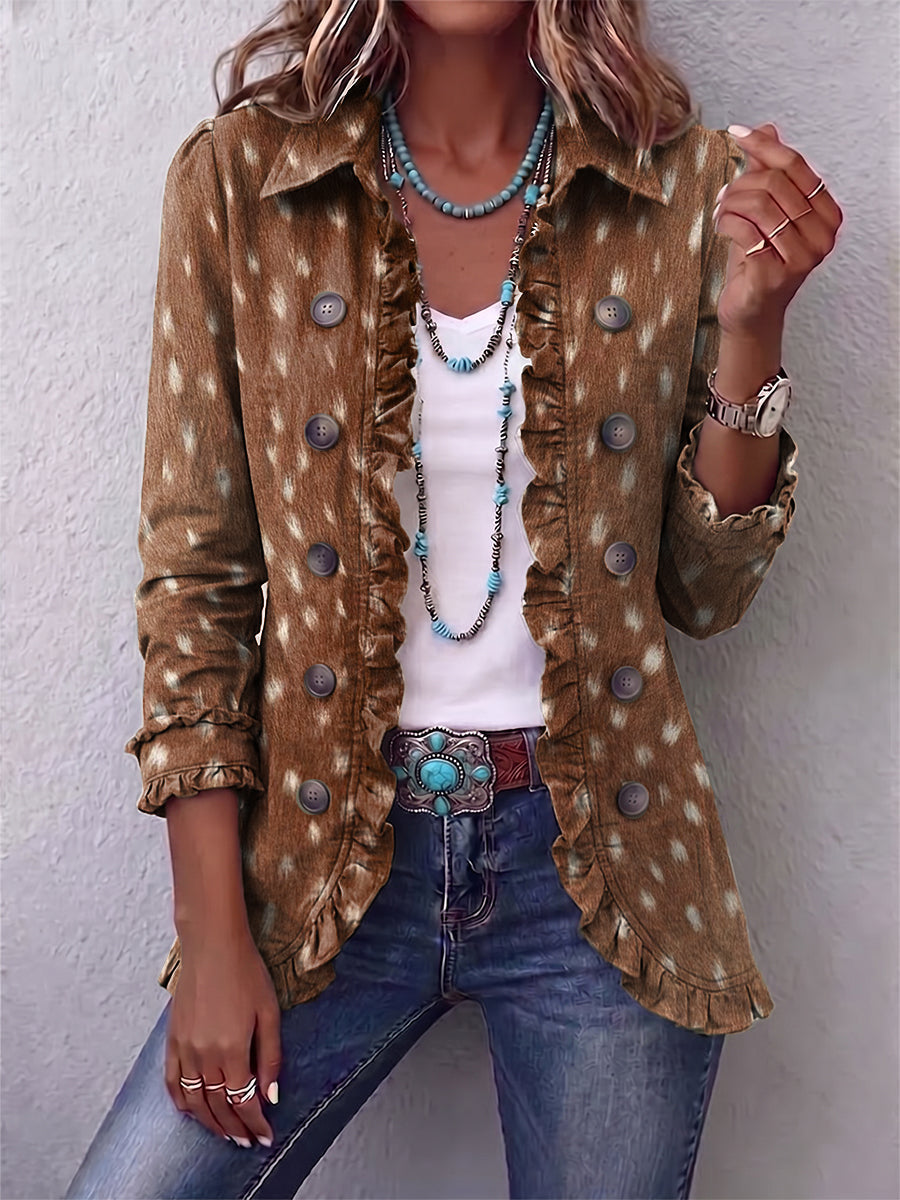 Brown bohemian print pleated jacket with button front and ruffled trim