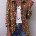 Brown bohemian print pleated jacket with button front and ruffled trim