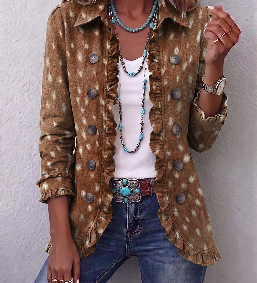 Brown bohemian print pleated jacket with button front and ruffled trim