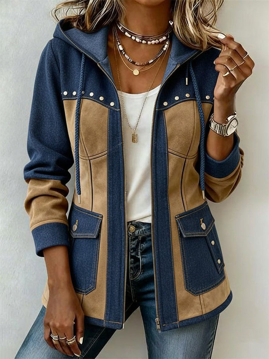 Navy and camel patchwork hooded jacket with snap pockets and full zipper