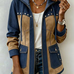 Navy and camel patchwork hooded jacket with snap pockets and full zipper