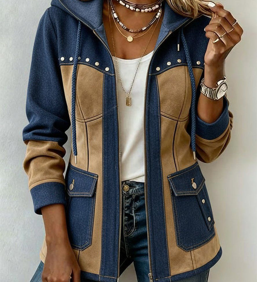 Navy and camel patchwork hooded jacket with snap pockets and full zipper